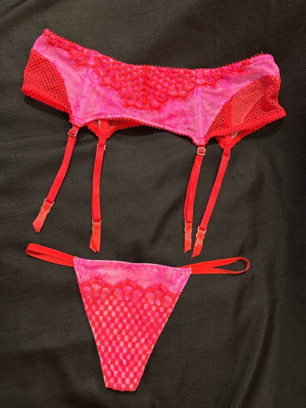 Victoria's Secret Hot Pink and Red Lace Garter & V String Set